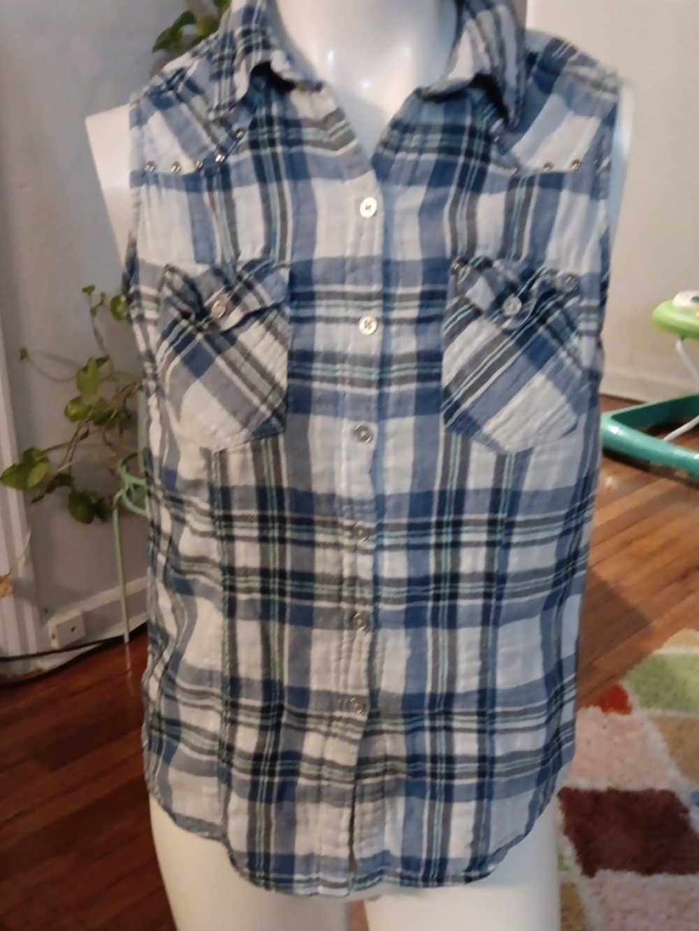 Lola P. Blue Cotton Mixed Patterned Button-Front Sleeveless Top